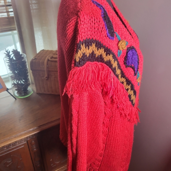 VINTAGE WESTERN FRINGE BOHO RED LONG CARDIGAN - Picture 4 of 10